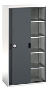 verso sliding door cupboard with 4 shelves. WxDxH: 1050x550x2000mm. RAL 7035/5010 or selected Verso Sliding Door and Tambour Roller Shutter Storage Cupboards Tools Shelves